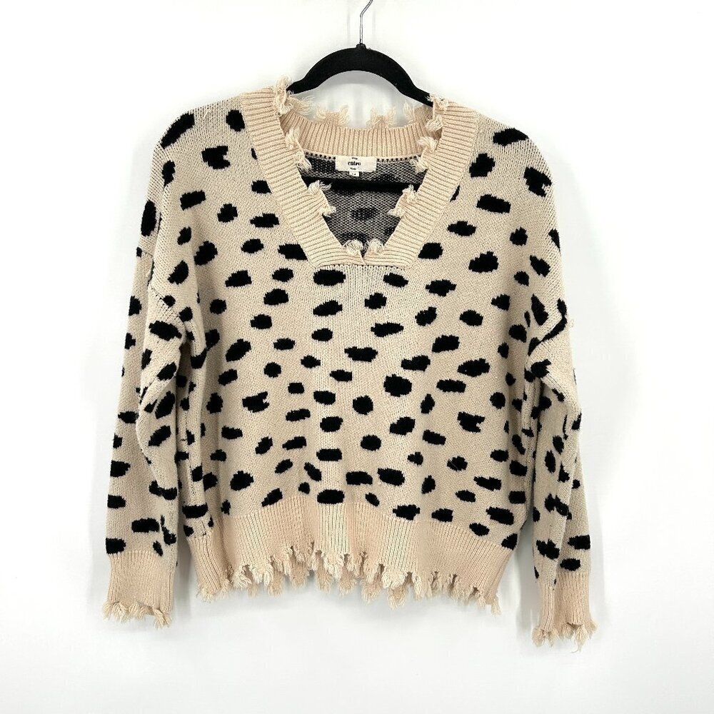 ENTRO Beige Black Spotted Distressed Soft Knit Boxy Pullover Sweater Size Medium
